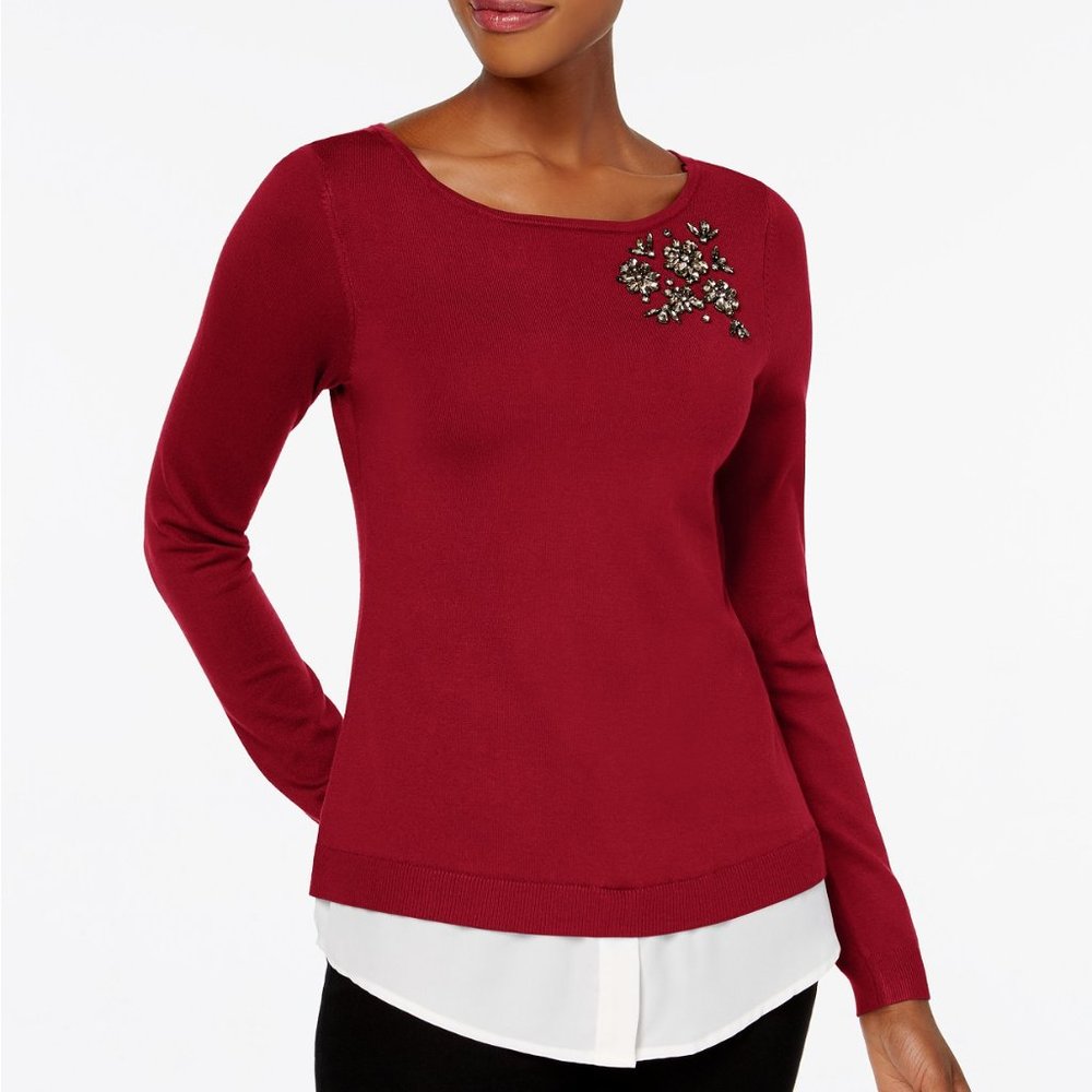 NWT Charter Club Layered Look Brooch Embellished Sweat